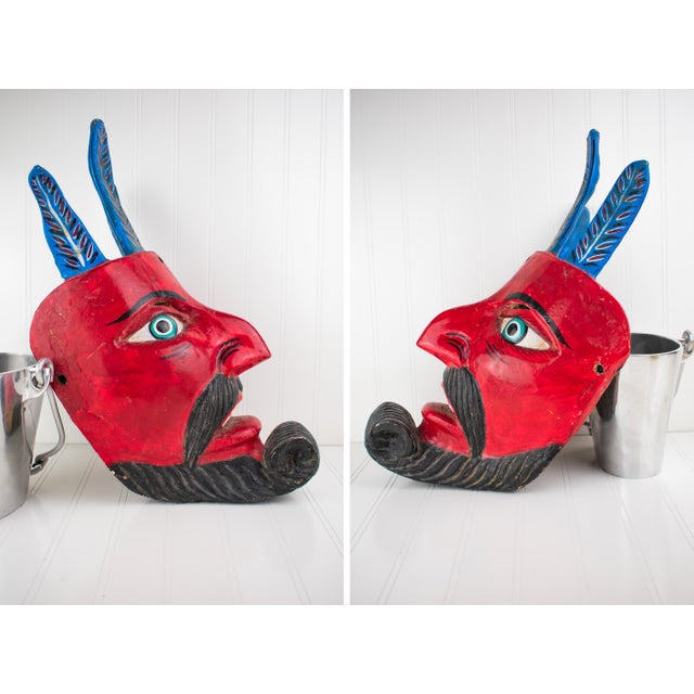 Red Large Vintage Hand Carved Red Diablo Costume Mask With Beard & Blue Feathers For Sale - Image 8 of 18