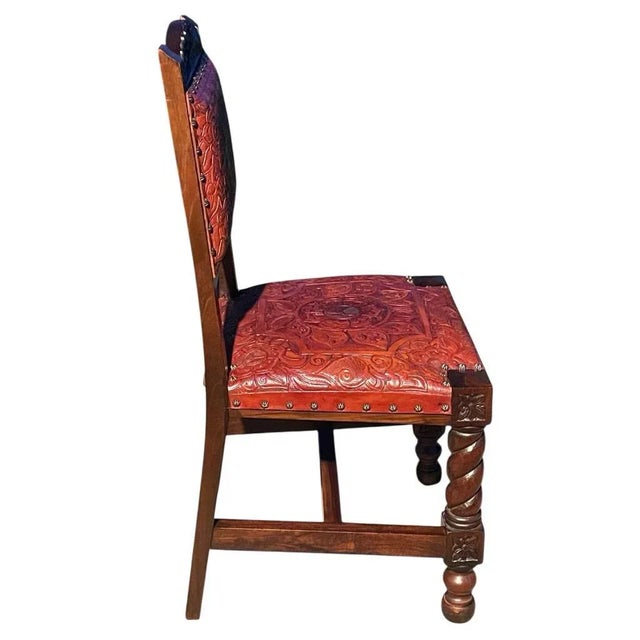 On Hold - Vintage 1966 Spanish Hand Carved Walnut and Tooled Leather Chair For Sale - Image 4 of 13