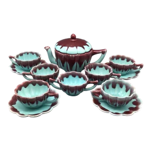 Vintage Allen’s of California Blue and Burgundy Drip Tea Pot, Cups and Saucers, Plus Sugar Bowl- 12 Pieces