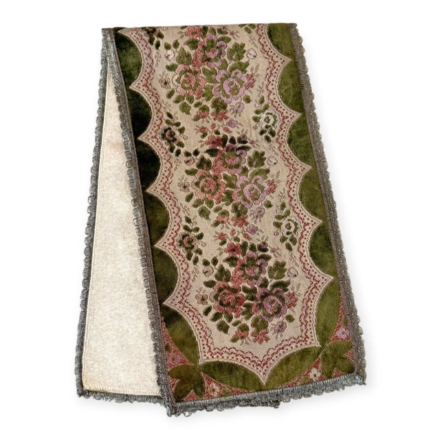 Vintage Japanese Gobelin Rose Tapestry Table Runner Olive Green Pink Metallic Trim For Sale - Image 4 of 9