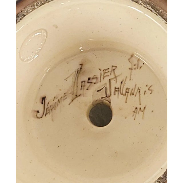 Pistachio Pair of Jérôme Massier Art Nouveau Majolica Jardinières on Stands. France C. 1900 For Sale - Image 8 of 11