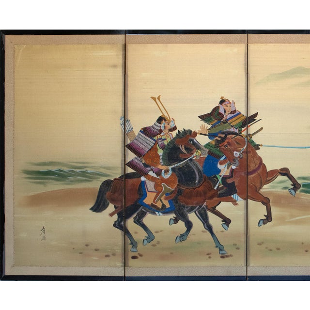 Beautiful vintage Japanese painted 4-panel silk byobu (folding screen) depicts two Samurai on horses. Signed and sealed by...