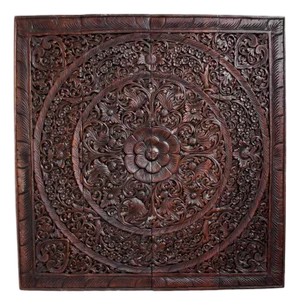 Vintage Dark Wax 48" Square Teak Boho Carved Panel