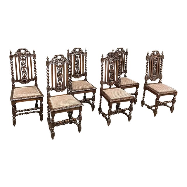 Set of 6 Antique French Renaissance Barley Twist Dining Chairs For Sale