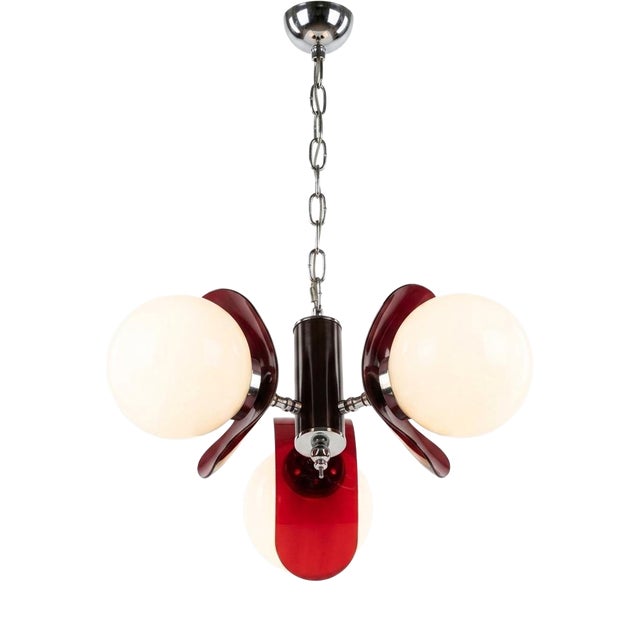 Atomic Sputnik Chrome Pendant Light with Clear and Red Acrylic Glass Shades, 1970s For Sale