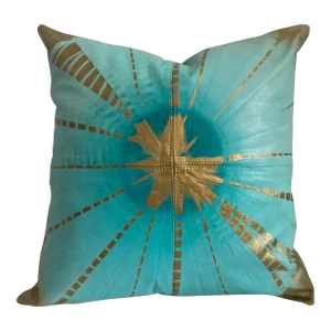 Contemporary Boho Tie Dye Turquoise Gold Leather Pillow Cover