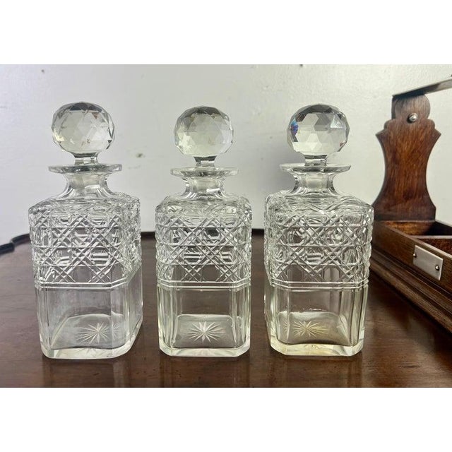 Victorian Decanter Set in Oak Caddy, Crystal & Metal, England, 19th C. For Sale - Image 16 of 17