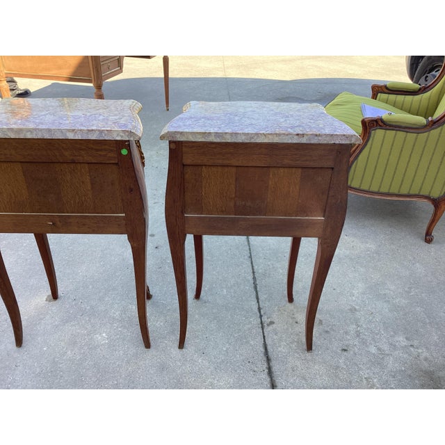 Wood Exceptional Pair French Inlay Night Tables W/Marble For Sale - Image 7 of 10