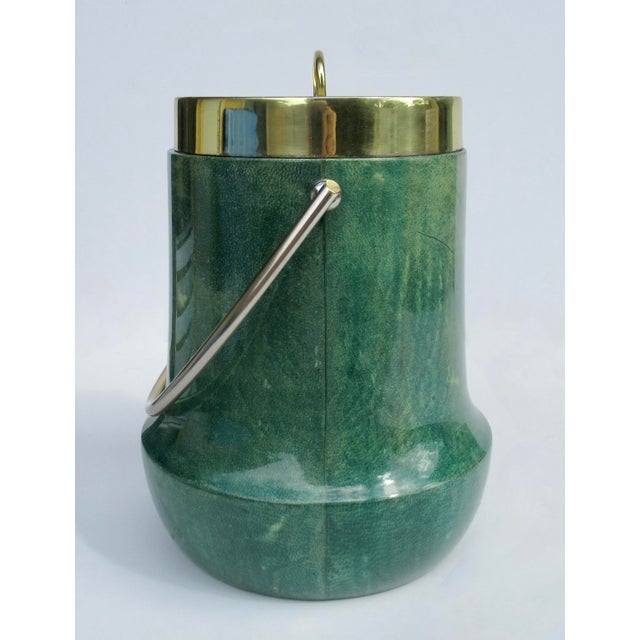 Wood Vintage C.1960's Italian Aldo Tura Malachite Green Goatskin & Brass Lidded Ice Bucket For Sale - Image 7 of 18
