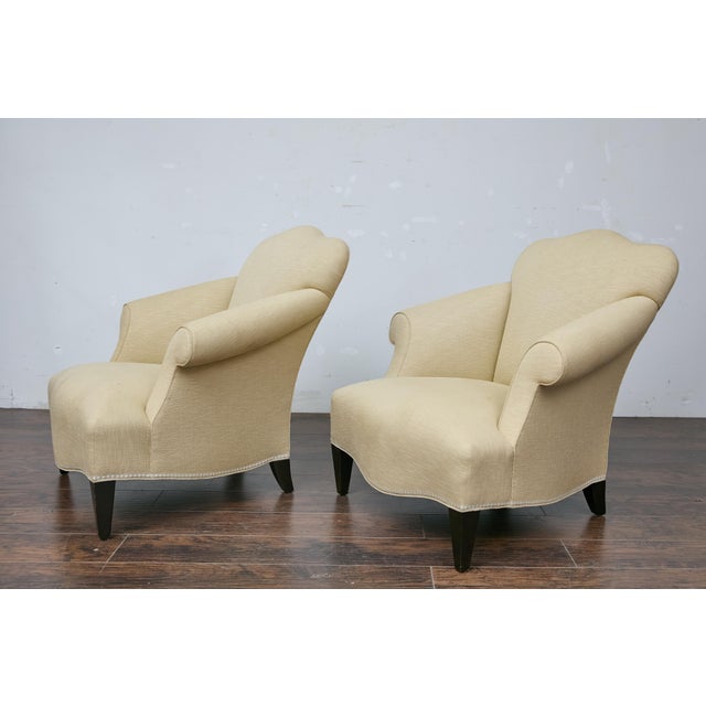 Pair of Vintage French Lounge Chairs with Camelbacks, Rolled Arms, Ebonized Legs For Sale In Atlanta - Image 6 of 12