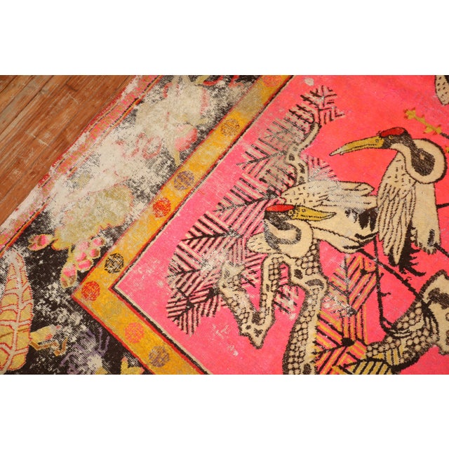 Textile Zabihi Collection Bright Pink Antique Worn Flamingo Pictorial Khotan Rug - 5'10" x 10' For Sale - Image 7 of 12