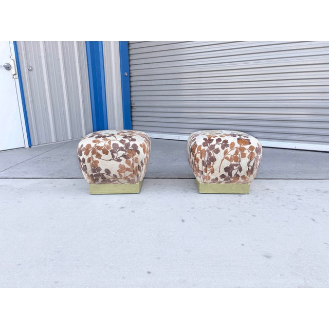 Pair of poufs ottomans designed and and manufactured by Marge Carson in the United States, circa 1970s. This elegant pair...