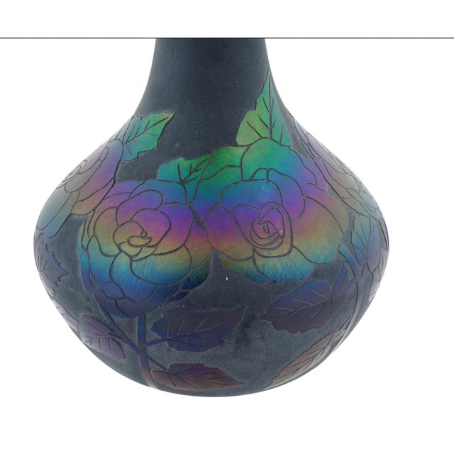 Black Iridescent Amethyst Vase With Floral Design, Early 20th C., 13-Inch For Sale - Image 4 of 11