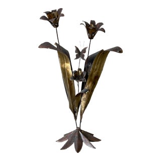 70's Hollywood Regency Torch Brass Lily Floor Sculpture For Sale
