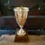 Classic Gold-Tone Metal Loving Cup Trophy Mounted on a Tiered Walnut Wood Base. For Sale - Image 4 of 13