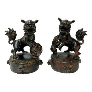 Pair Vintage Rustic Metal Fengshui Foo Dog Lion Drum Base Art Figures For Sale