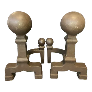 Antique Cannonball Cast Iron Fireplace Andirons - a Pair
