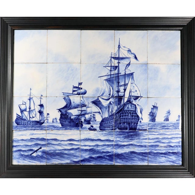 Dutch Delft Tile Picture, Fleet of Ships, Blue & White, Framed For Sale - Image 9 of 9
