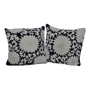 Pair Frontgate Blue & White Stitched Square Pillows