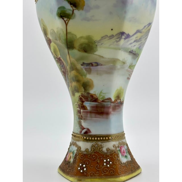 Nippon Antique Hand Painted Landscape Moriage Two Handled Porcelain Vase For Sale - Image 16 of 17