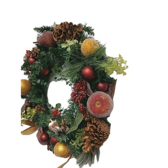 Green Partridge in Pear Tree Winter Door Wreath Realistic Holiday Crystal Fruit Apple For Sale - Image 8 of 16