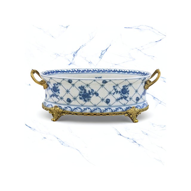 Porcelain Oval Basin With Bronze Ormolu - Trellis Bloom This elegant oval porcelain basin measures 15 inches long, 8.5...
