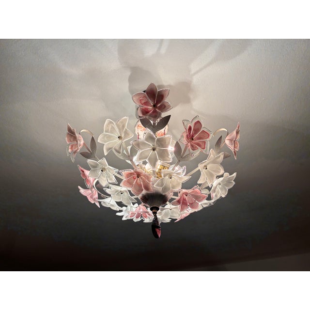 1980s Vintage Murano Style Floral Chandelier – Romantic Pink & White Glass Bouquet Light For Sale - Image 5 of 17