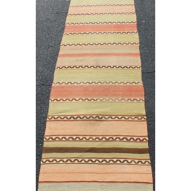 Mid 20th Century Vintage Turkish Hand Woven Kilim Runner With Stripes in Red, Green, Yellow, and Orange For Sale - Image 5 of 11