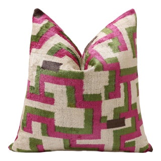 Modern Geometric Silk Velvet Pillow 20x20 | Handmade Pink & Green Designer Cushion For Sale