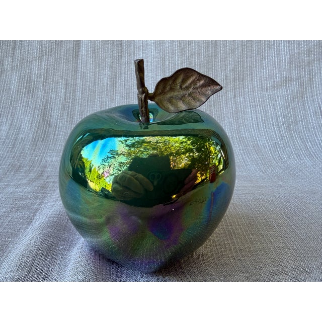 1980s Vintage Artisan Made Green Pottery Apple Sculpture Signed For Sale - Image 5 of 14