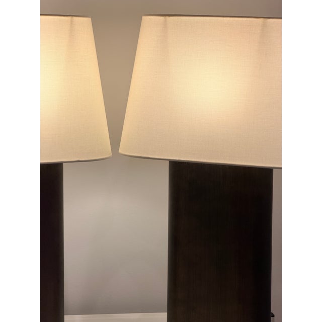 Contemporary Thomasville Contemporary Bronze Table Lamps With Linen Shades - a Pair For Sale - Image 3 of 9