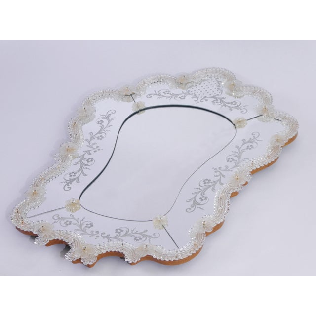 Vintage Venetian Scalloped Murano Glass Mirror with Etched Floral Details, 1950s For Sale - Image 10 of 13