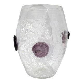 1960s Large Blenko Crackle Art Glass Vase Textured Clear Surface Purple Flowers For Sale