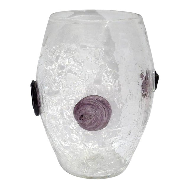 1960s Large Blenko Crackle Art Glass Vase Textured Clear Surface Purple Flowers For Sale