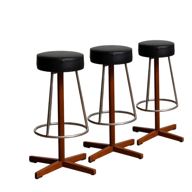 Swedish Teak and Chrome Swivel Bar Stools by Börje Johanson, 1960s, Set of 3 For Sale