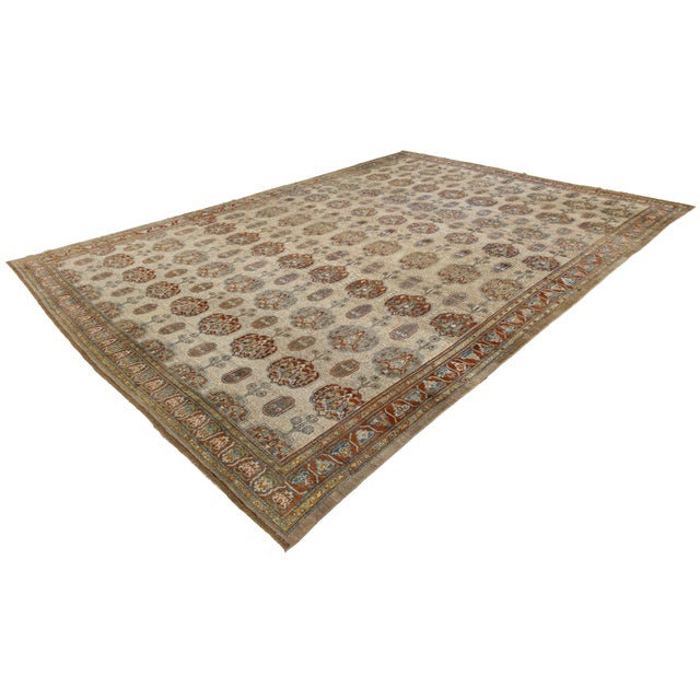 Cream Unique Antique Serab Rug With Geometric All-Over Medallion Motif For Sale - Image 8 of 13