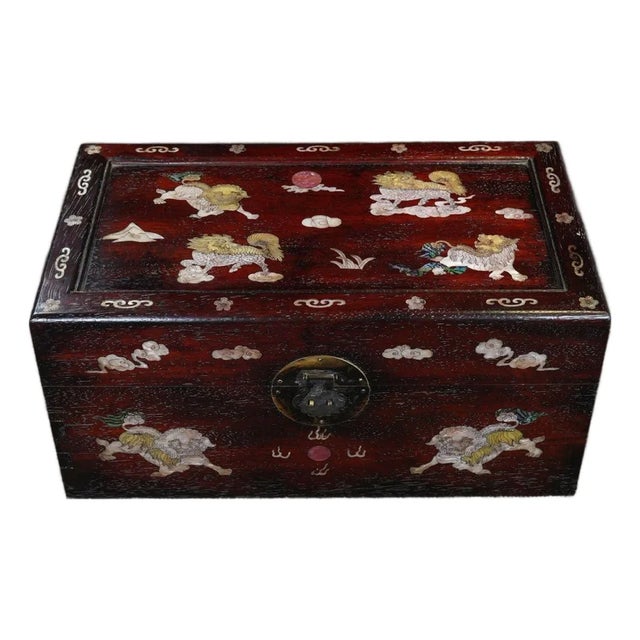 Zitan Wood Box Inlaid With Mother-of-Pearl Lion Motif For Sale