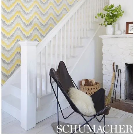 Contemporary Sample - Schumacher Petit Feu Stripes Wallpaper in Cadmium Yellow & Grey For Sale - Image 3 of 4