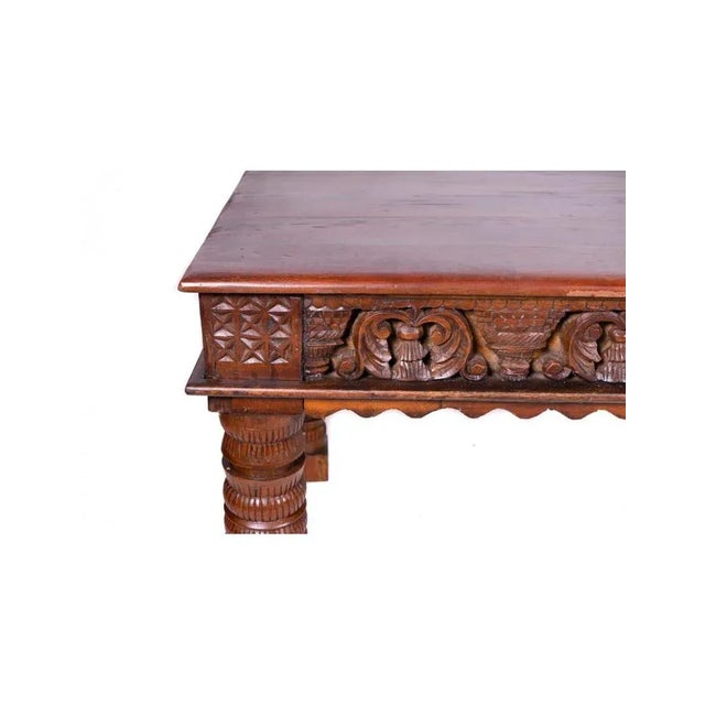 Ethnic desk table (India) in wood Barmati Tik Wood (Indian Teak) dark walnut color inlaid edging with carved chisels with...