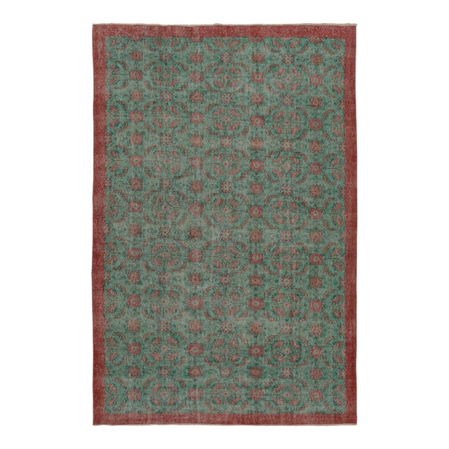 Vintage Distressed Rug With Teal and Red Floral Patterns - Rug & Kilim For Sale