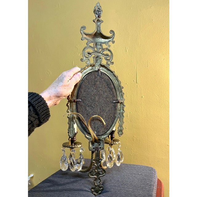 Brass 1930s Neo-Classical Brass & Crystal Beveled Mirror Sconce Pair For Sale - Image 8 of 9