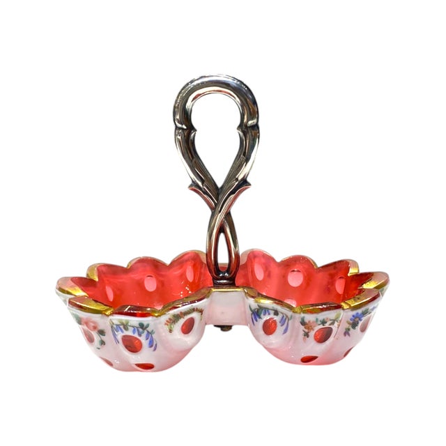 Antique Viennese Biedermeier Ruby Opaline Glass Bonbon Dish With Gilt Floral Enamel Decoration & Silver Handle, c.1830 For Sale - Image 11 of 16