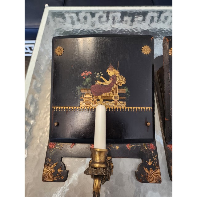 Victorian 19th C. Chinoiserie Ebonized Wall Sconces & Letter Pockets - A Pair For Sale - Image 3 of 17