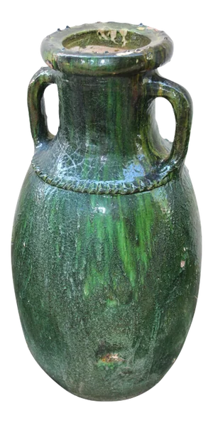 Vintage Moroccan Tamgroute Green Olive Jar with Handles