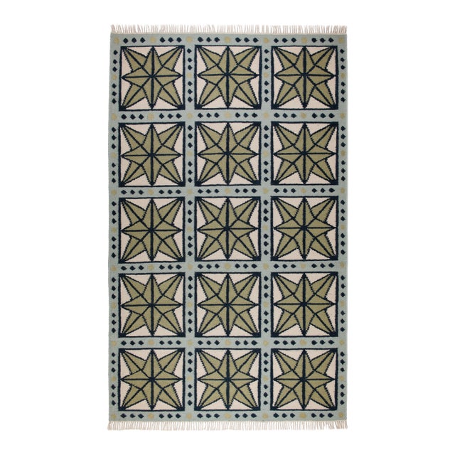 Part & Parcel Goods Wool Star Rug, 2’6” x 8', Sage, Navy, Sky Blue and Eggshell For Sale