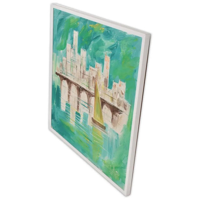 LeMark Mid-Century Modern Aqua Blue White and Green Nautical Harbor Painting For Sale - Image 4 of 10