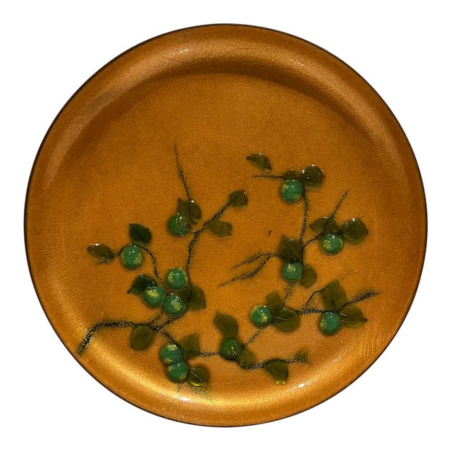1960s Modernist Green Pear on Gold Copper Enamel Plate For Sale