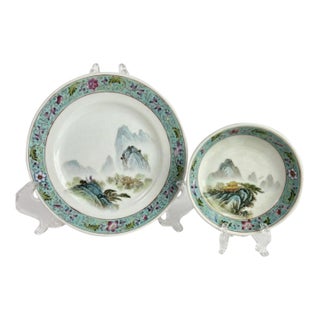 Vintage Hand-Painted Chinese Famille Rose Landscape & Turquoise Enamel Dish Set - Pair For Sale