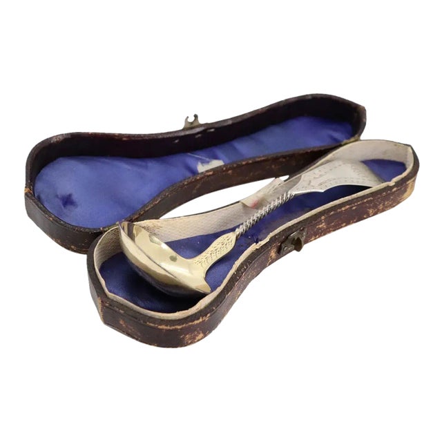 Mid 19th Century Small American Charles Bein Gilt Coin Silver Ladle & Leather Case For Sale