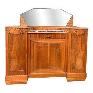 French Art Deco Walnut Sideboard with Marble Top and Original Mirror, 1930s For Sale